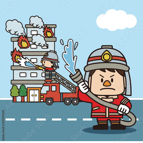 可爱卡通风格的两名消防员手持灭火器水管消防局元素