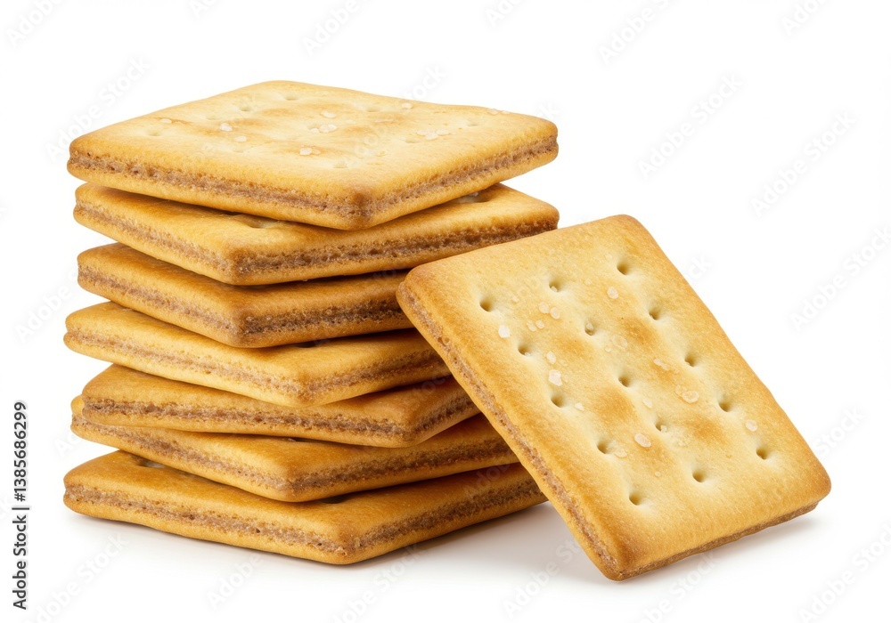 Square crispy crackers stacked snacks isolated white background Square crispy crackers stacked snacks isolated white background