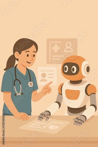 Nurse collaborating with robot in healthcare. AI-assisted medical technology for future hospitals. Flat cartoon style illustration