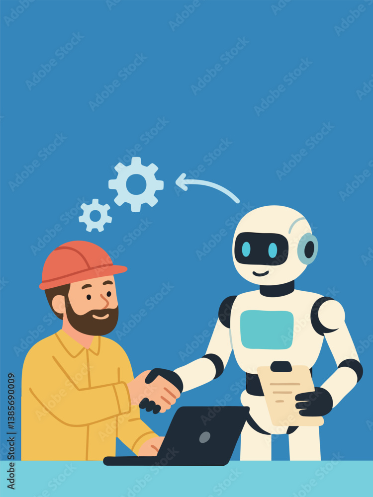 Engineer shaking hands with AI robot. Collaboration in smart industry and digital innovation. Friendly futuristic technology concept Engineer shaking hands with AI robot. Collaboration in smart industry and digital innovation. Friendly futuristic technology concept