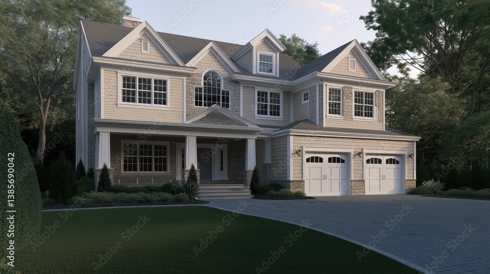 A large, light beige and gray, two-story house with light beige siding, white trim, and a light brown tan stone foundation A large, light beige and gray, two-story house with light beige siding, white trim, and a light brown tan stone foundation