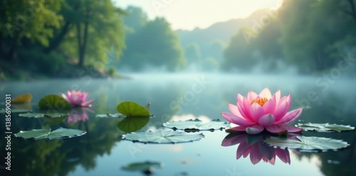 Soft mist rises from tranquil lake, amidst swaying water lilies, tranquility, peaceful, nature