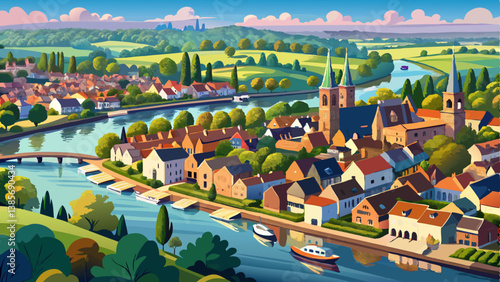 Aerial panoramic view of the beautiful town of Marlow, situated on the river Thames in Buckinghamshire, UK