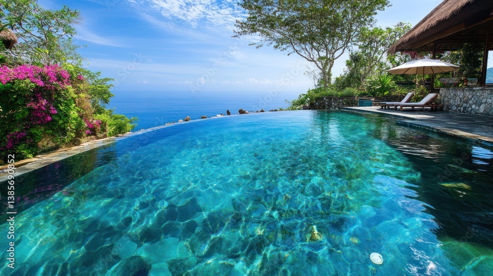 Cliffside infinity pool overlooking the ocean, tropical paradise Cliffside infinity pool overlooking the ocean, tropical paradise
