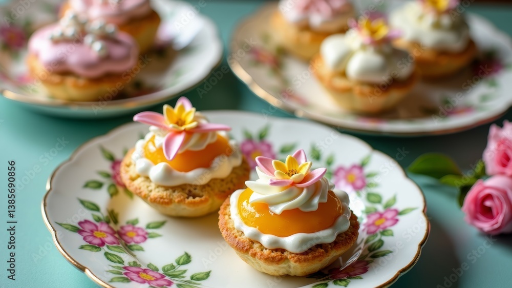Delicate peach and cream filled tarts arranged on vintage floral plates, a sweet treat. Delicate peach and cream filled tarts arranged on vintage floral plates, a sweet treat.
