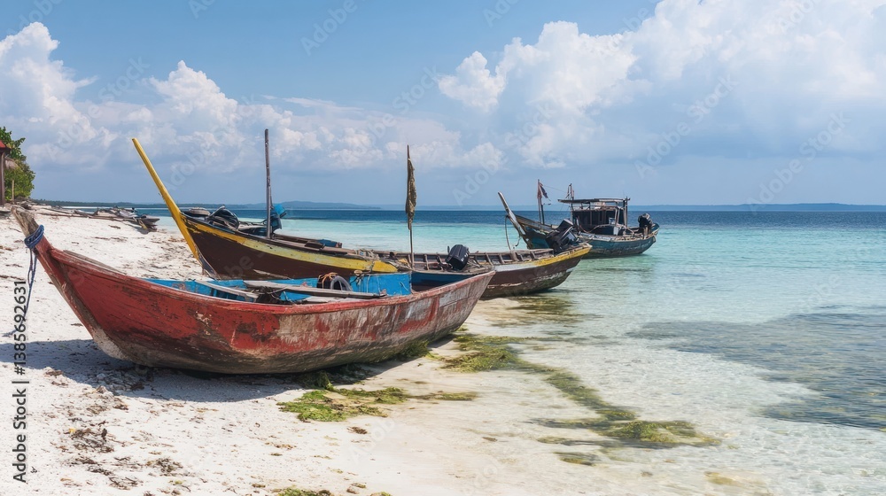 Colorful fishing boats on a tropical beach Colorful fishing boats on a tropical beach
