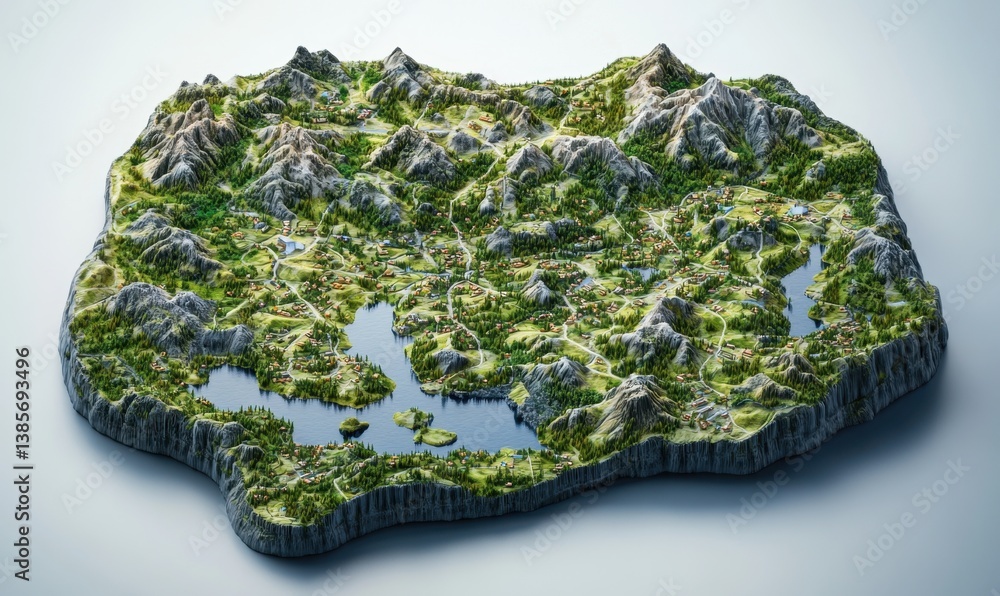 Fototapeta premium 3D model of a mountainous island with lakes, forests, and villages on a white background for visualizations