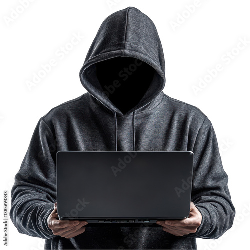 Anonymous Hacker Using Laptop Dark Web Cybercrime isolated on transparent background
