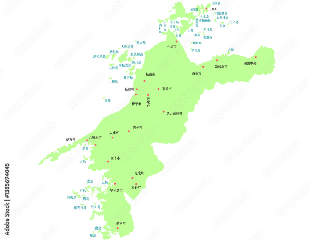 愛媛県　地図　黄緑　斑点　イラスト