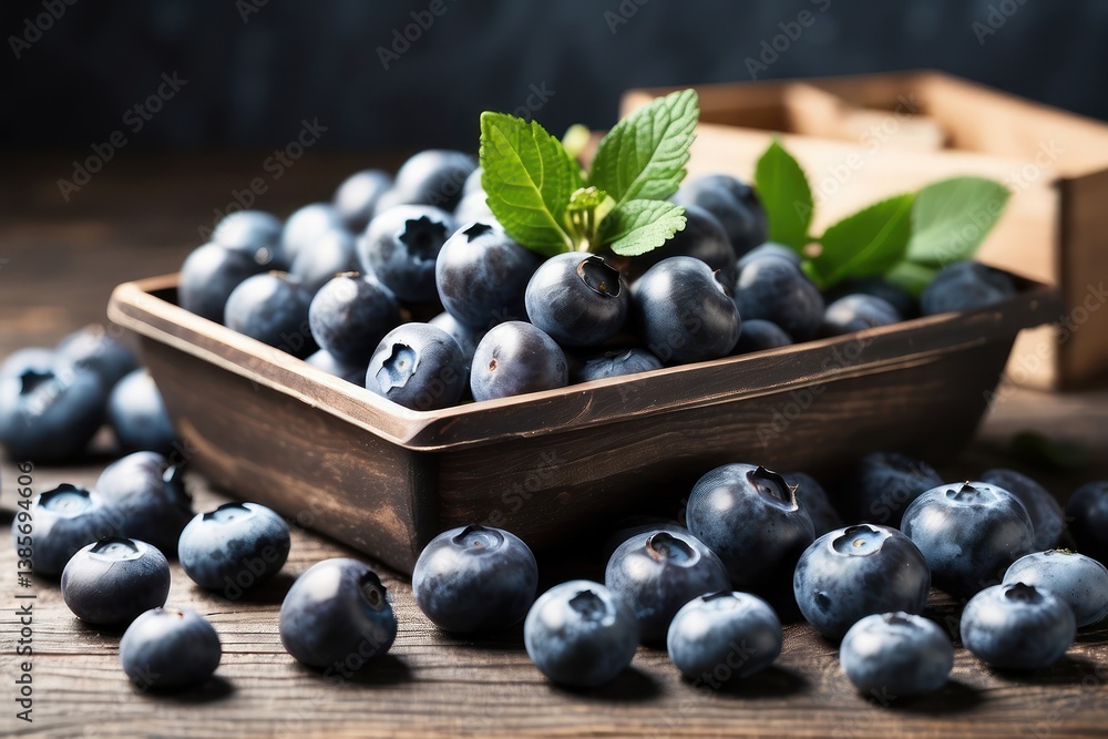 A high-quality mockup featuring fresh blueberries arranged on a rustic wooden table A high-quality mockup featuring fresh blueberries arranged on a rustic wooden table