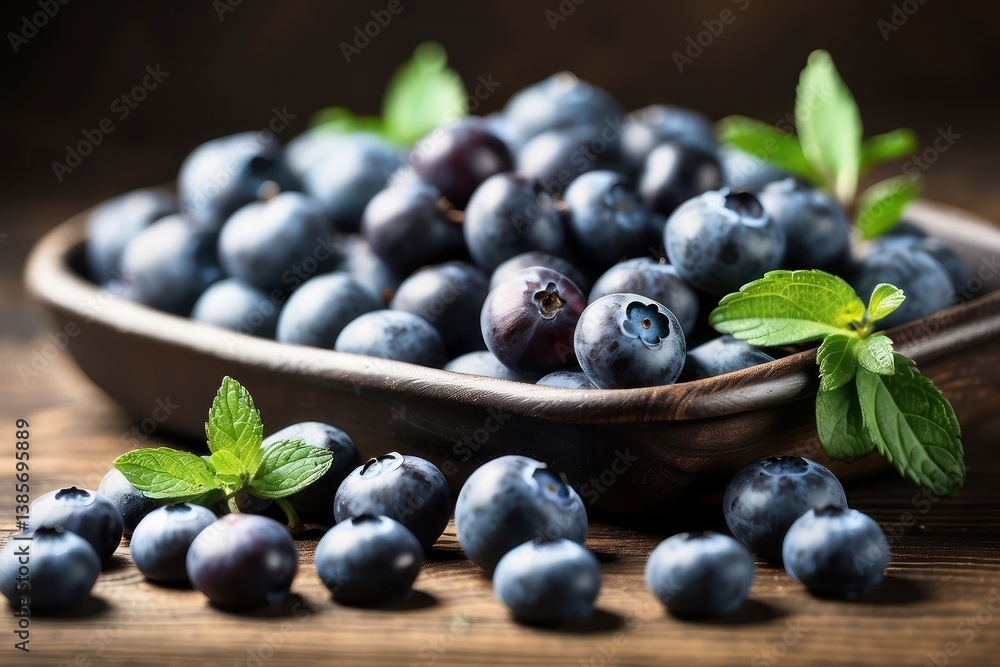 A high-quality mockup featuring fresh blueberries arranged on a rustic wooden table A high-quality mockup featuring fresh blueberries arranged on a rustic wooden table