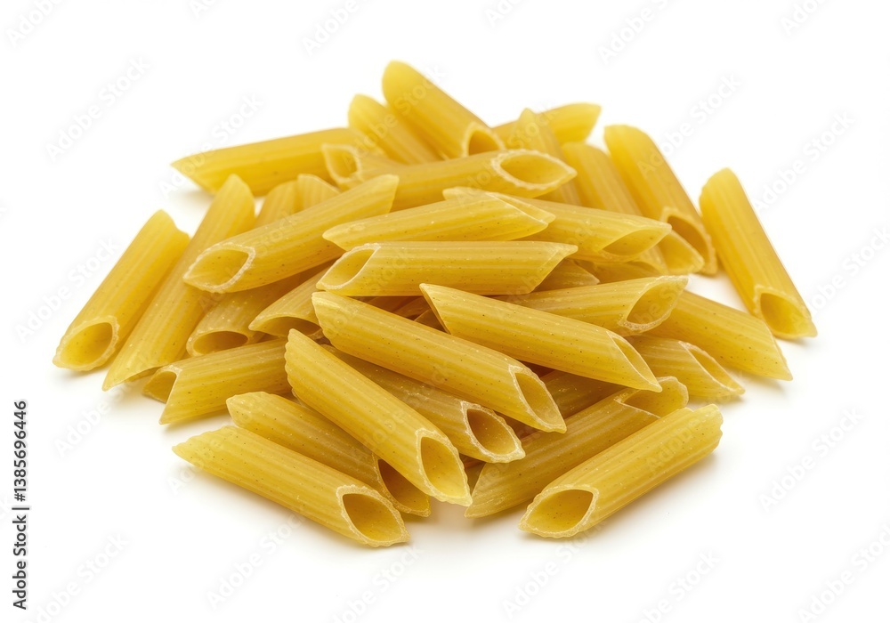 Uncooked penne pasta golden yellow isolated white background Uncooked penne pasta golden yellow isolated white background