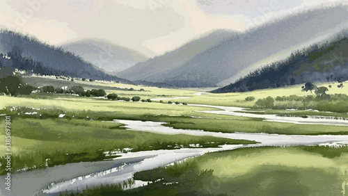 Misty mountain valley isolated watercolor vector illustration svg