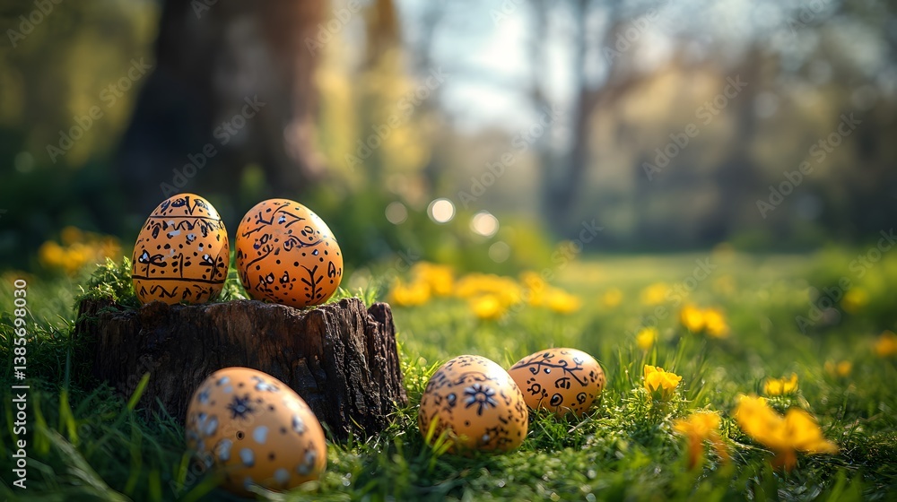 Enchanting Easter celebration featuring meticulously decorated eggs artfully spread on fresh emerald grass with a rugged tree stump highlighting nature and tradition Enchanting Easter celebration featuring meticulously decorated eggs artfully spread on fresh emerald grass with a rugged tree stump highlighting nature and tradition
