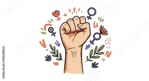 Empowered fist with floral and feminine symbols symbolizing women's strength