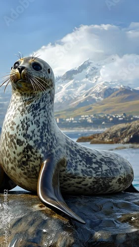 Leopard Seal on Coastal Rock with Mountain Background