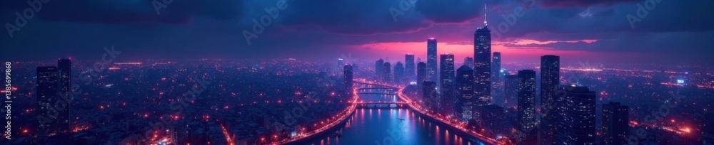 Fototapeta premium Futuristic cityscape at night with sleek skyscrapers and neon lights , futuristic, evening, urban