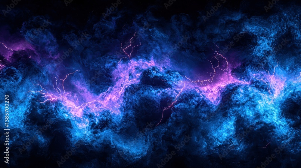 Fototapeta premium Electric storm vibrant blue clouds with pink lightning bolt, dark background