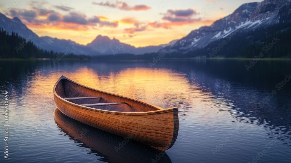 Obraz premium Serene Sunset Canoeing in Mountain Lake