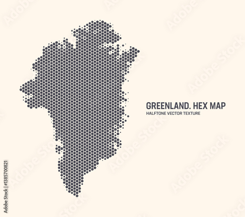 Greenland Map Vector Hexagonal Half Tone Pattern Isolate On Light Background. Hex Halftone Texture in the Form of Map of Greenland Island. Modern Technological Military Contour Map for Design Projects