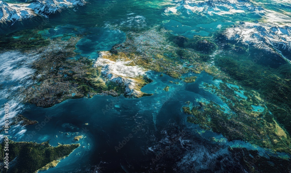 Obraz premium Aerial view of Greece, islands, mountains, sea, and coastline, for travel ads