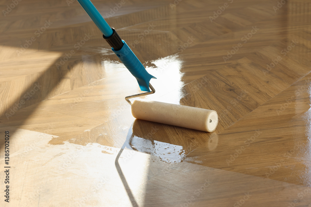 Polishing parquet with roller and varnish indoors, closeup