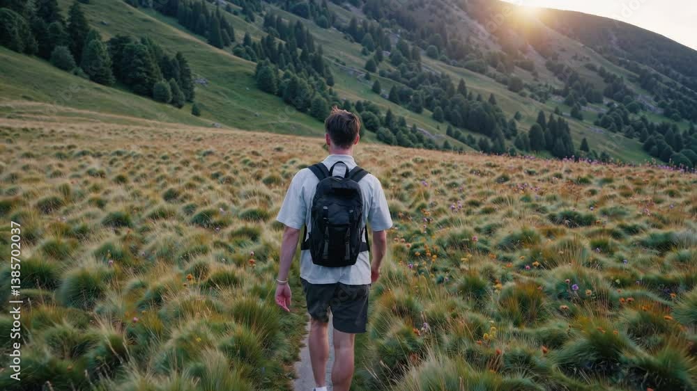 Tourist walking on a mountain path at sunset Tourist walking on a mountain path at sunset