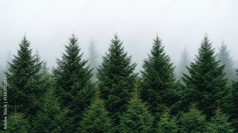 Fototapeta premium Evergreen trees, dense forest, covered with fog against a soft, gray sky