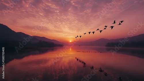 Lake birds v shape flight wallpapers