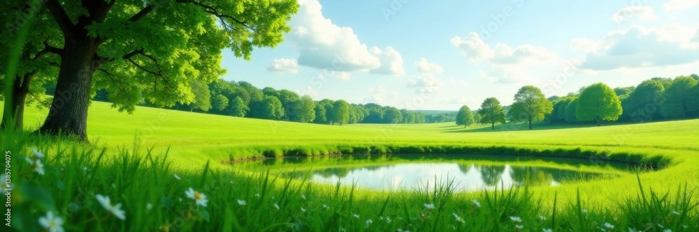 Obraz premium Serene green meadow with trees in the distance and a small pond, nature scene, water, tree