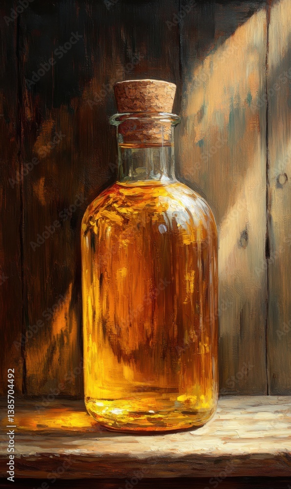 Sunlight illuminating a glass bottle filled with golden liquid Sunlight illuminating a glass bottle filled with golden liquid