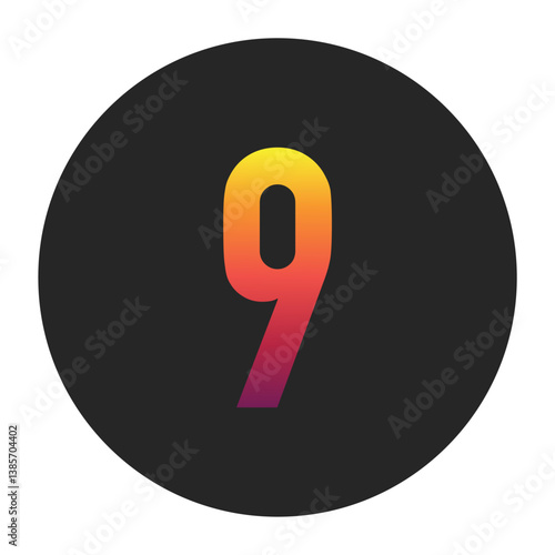Vibrant Gradient Number 9 Glowing with Bright Yellow, Vivid Orange, Deep Red, and Dark Purple Tones on Dark Gray Circular Background Symbolizing Beginning, Unity, and Creativity in Digital