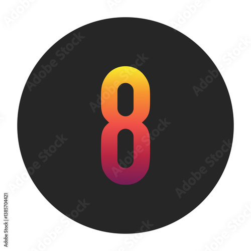 Vibrant Gradient Number 8 Glowing with Bright Yellow, Vivid Orange, Deep Red, and Dark Purple Tones on Dark Gray Circular Background Symbolizing Beginning, Unity, and Creativity in Digital