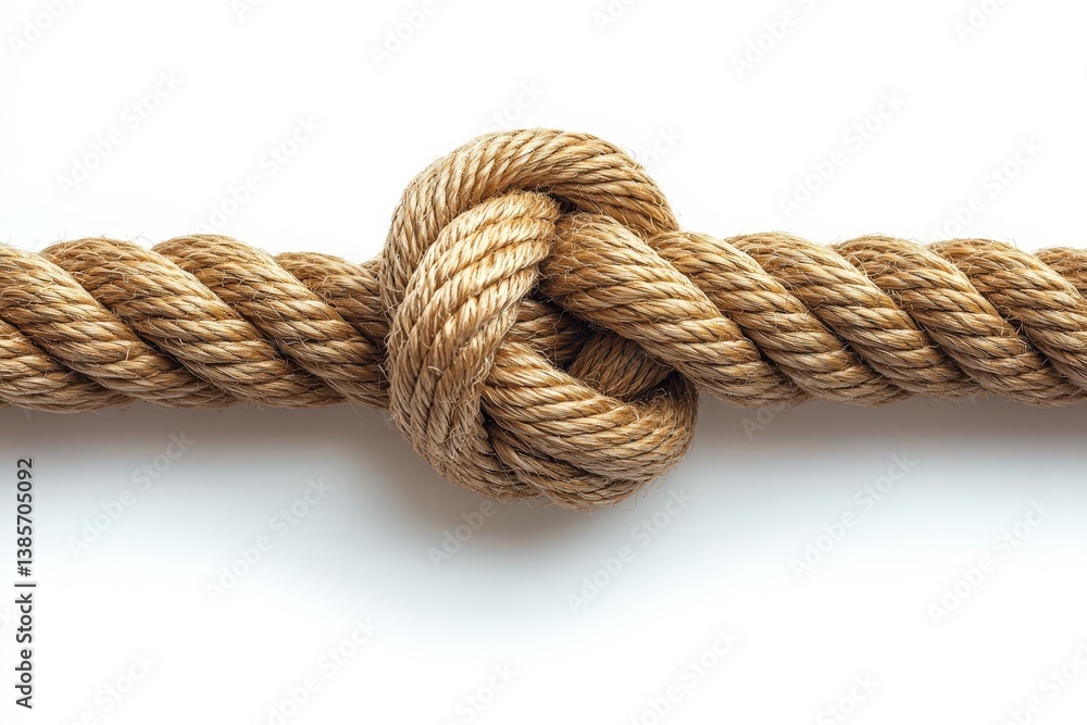 Closeup of a thick rope with a knot on a white background representing strength and unity Closeup of a thick rope with a knot on a white background representing strength and unity