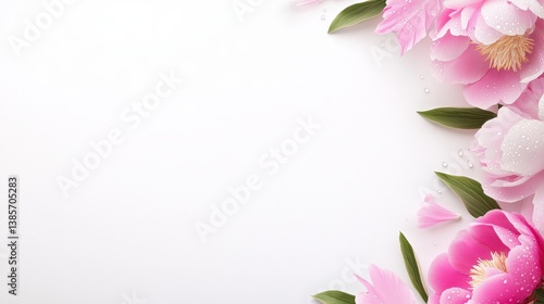 A fresh and natural peony border with dew-kissed petals, perfect for beauty and skincare product promotions or floral gift tags.