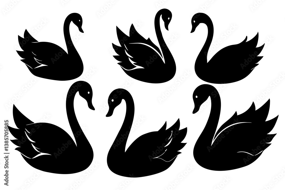 A set of different Swan vector silhouette A set of different Swan vector silhouette