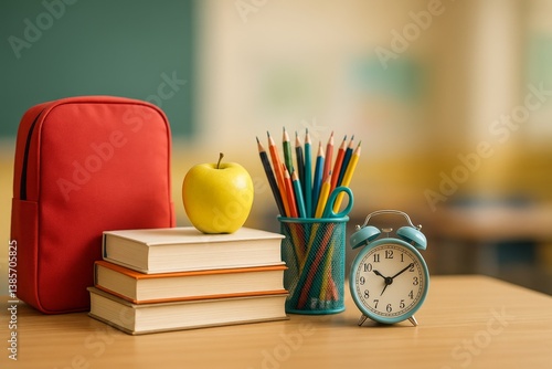 Classroom Setting With School Supplies and an Apple on a Desk During Daylight...