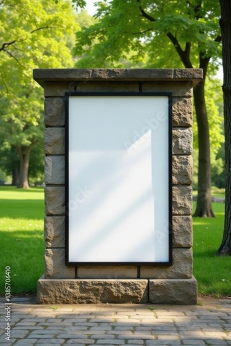 Stone wall with outdoor poster mockup displayed in park setting among trees and foliage, scenery, landscape, outdoor