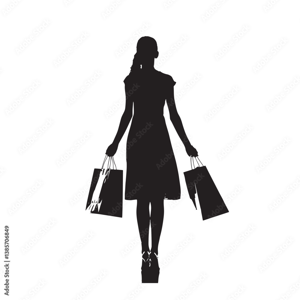 Black silhouette of a fashion woman walking with shopping bags, a stylish vector illustration of a shopping person Black silhouette of a fashion woman walking with shopping bags, a stylish vector illustration of a shopping person