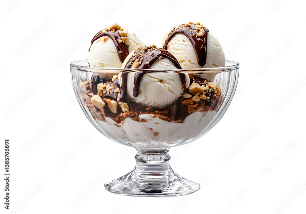Scoops of ice cream with chocolate sauce, vanilla ice cream, and nuts in an elegant glass bowl, isolated on a transparent background Scoops of ice cream with chocolate sauce, vanilla ice cream, and nuts in an elegant glass bowl, isolated on a transparent background
