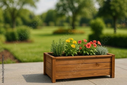 Container Garden Displaying Lush Greenery and Vibrant Flowers in a Serene Out...