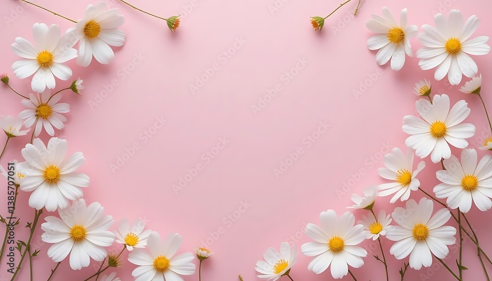 Delicate white cosmos flowers, Soft pink background, Delicate white cosmos flowers, Soft pink background,