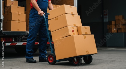 Delivery Man Uses Hand Truck Trolley Full of Cardboard Boxes and Packages, Loads Parcels into Truck / Van. Professional Courier / Loader helping you Move, Delivering Your Purchased Items Efficiently