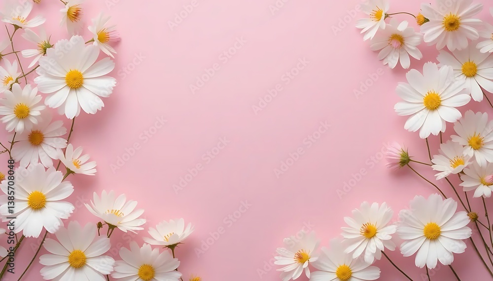 Delicate white cosmos flowers, Soft pink background, Delicate white cosmos flowers, Soft pink background,