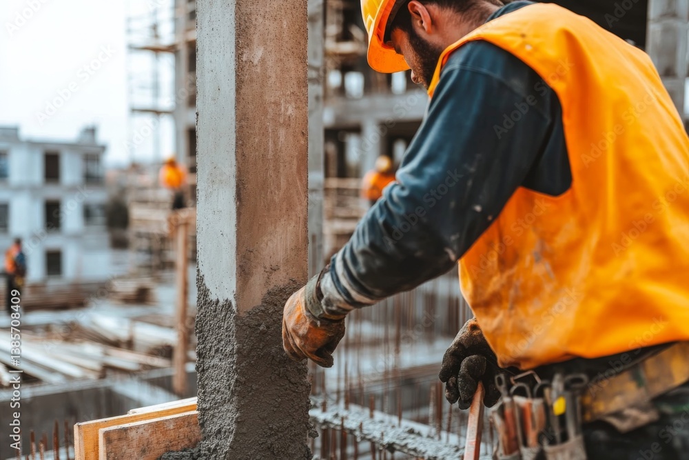 A construction worker preparing cement for a foundation at a construction site. Featuring precision and hard work A construction worker preparing cement for a foundation at a construction site. Featuring precision and hard work