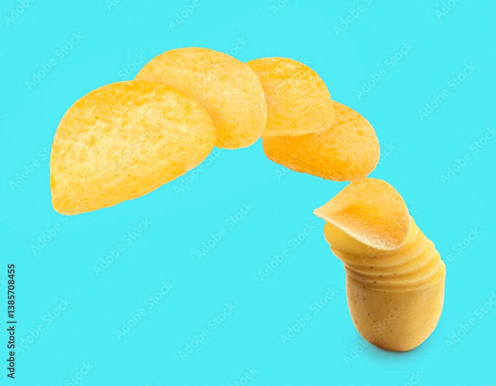 Raw potato slices transforming into crispy chips in air on light blue background Raw potato slices transforming into crispy chips in air on light blue background