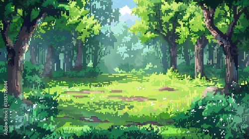 Clairière pixel art en forêt verdoyante, lumière du soleil filtrant, ambiance paisible, design rétro pour jeu vidéo ou illustration nature