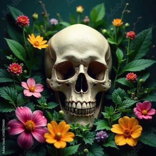 A human skull surrounded by lush greenery and flowers, botanical, flowers