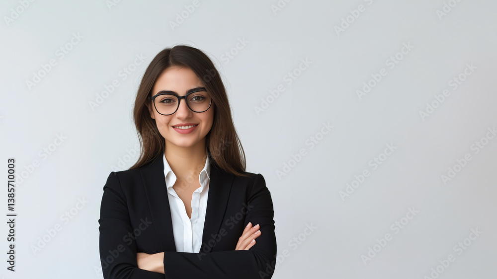 Porträt einer lächelnden jungen Geschäftsfrau mit Brille und blondem Haar im dunkelblauen Blazer vor hellem Büro-Hintergrund Porträt einer lächelnden jungen Geschäftsfrau mit Brille und blondem Haar im dunkelblauen Blazer vor hellem Büro-Hintergrund