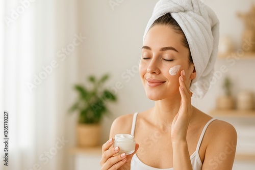 Enjoying a Skincare Routine With Cream While Smiling in a Bright, Cozy Room